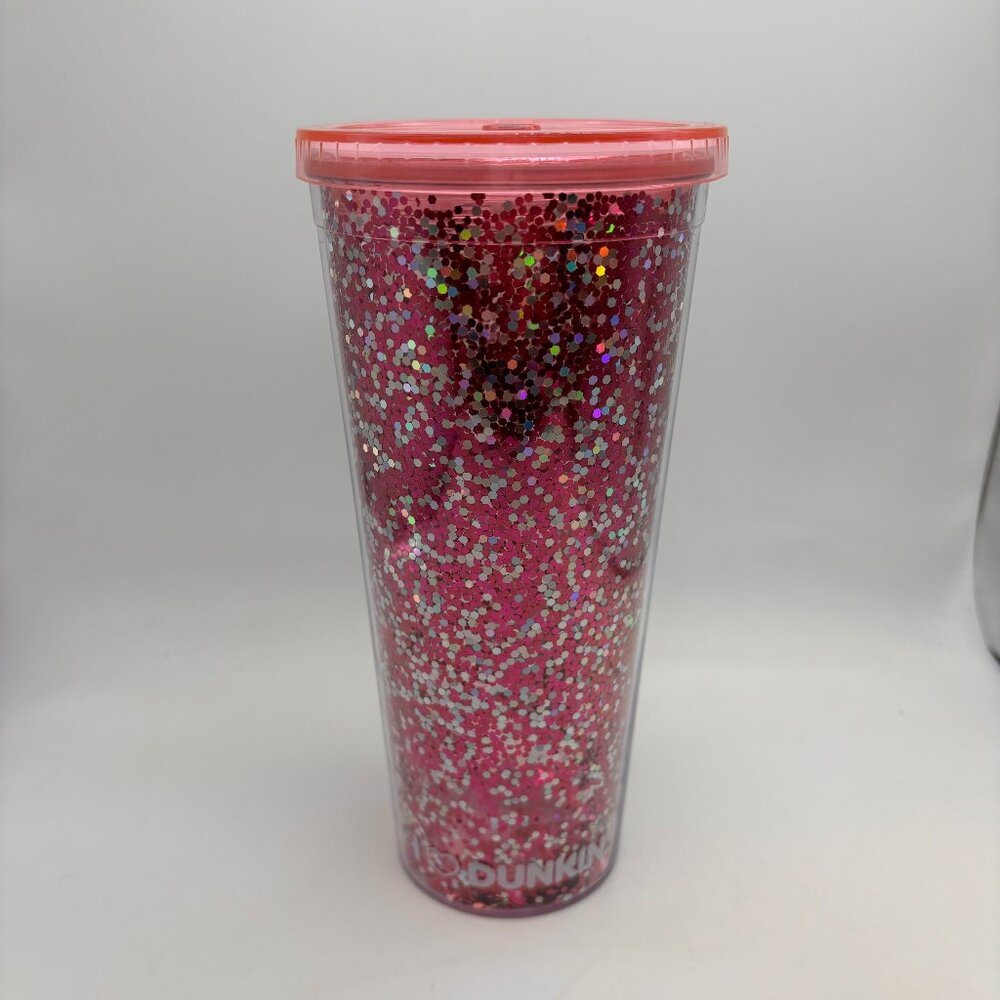 Dunkin Donuts I Love Dunkin Heart Glitter Coffee Cup Missing Straw Pink 24 oz